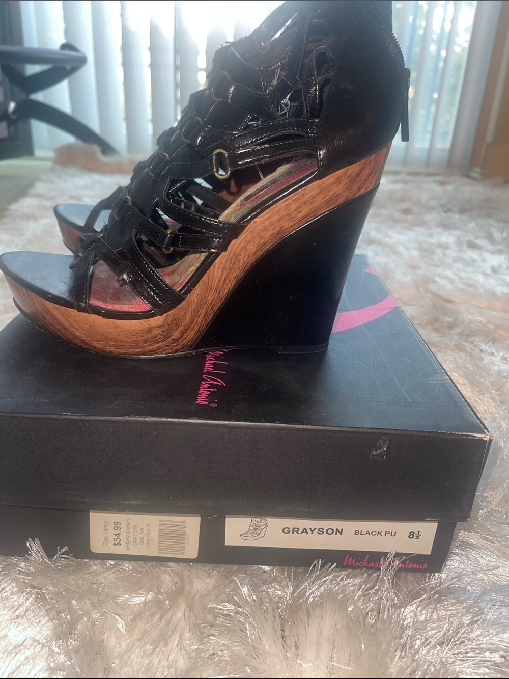 Michael Antonio Black Faux-Wood Wedge Sandals